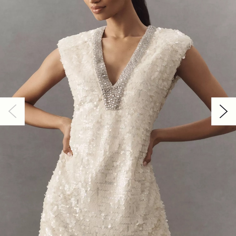 BHLDN Cream Sequin Mini Dress with Silver Details